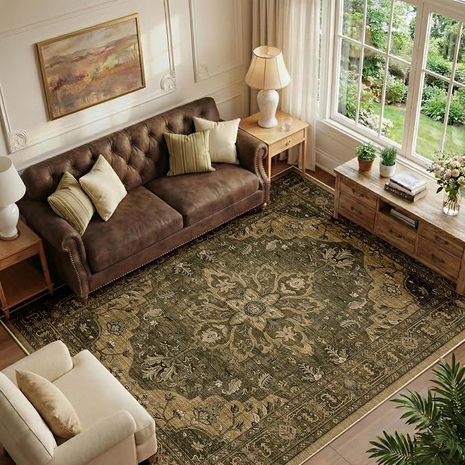 RELEANY Area Rugs 5'x7' Washable Non-Slip, Floral Vintage Distress Medallion by RELEANY