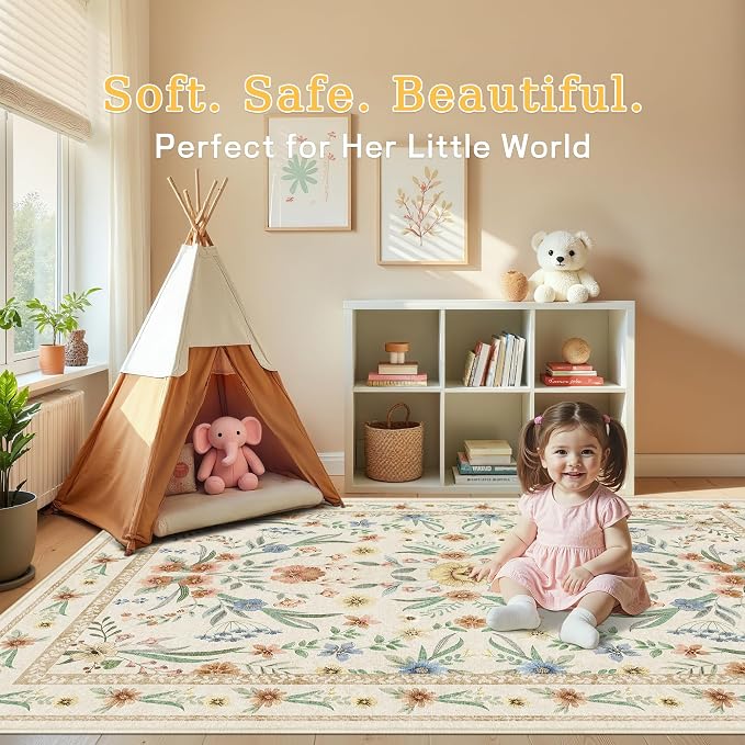 Beige Floral Area Rug 6x9, Neutral Washable Girls Bedroom Rug - Image 7