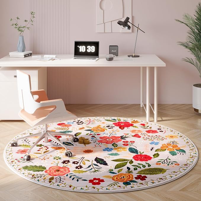 Rugcomf Round Rug 6ft Washable Circle Rug Non Slip Low Pile Boho Floral Small - Image 4