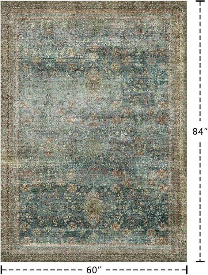 Latte&Fog 5x7 Area Rugs for Living Room, Vintage Green Washable Rug, Floral - Image 2