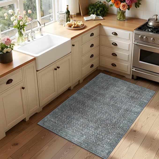 Latte&Fog 2x3 Entryway Rug, Small Vintage Blue Door Mat, Washable Kitchen Rug - Image 3