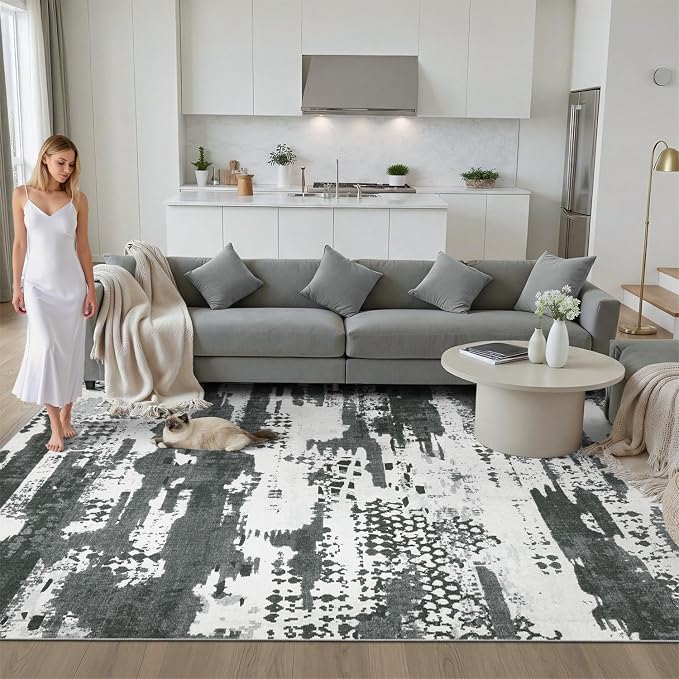 DCX Abstract Area Rug 6x9, Washable Black Modern Rug - Image 5