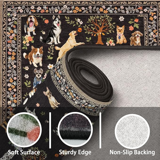 Floral Dog Hallway Runner Black Carpet Non-Slip, 2x10 Washable Rug Ultra-Thin - Image 7