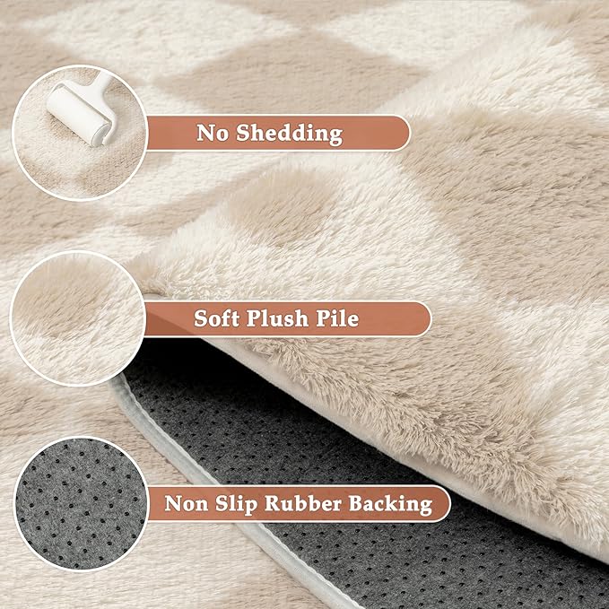 PureCozy Checkered Rug 5x8 Fluffy Shag Living Room Beige Area Rug Modern - Image 5