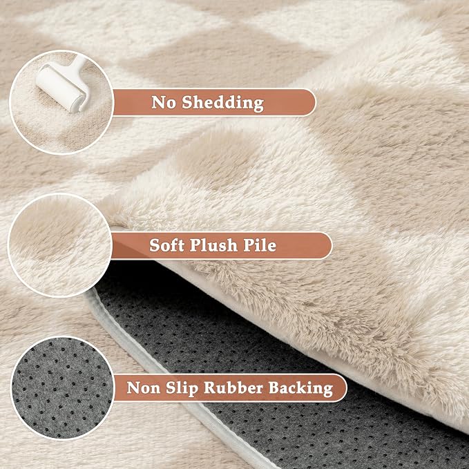 PureCozy Checkered Rug 9x12 Fluffy Shag Living Room Beige Area Rug Modern - Image 6