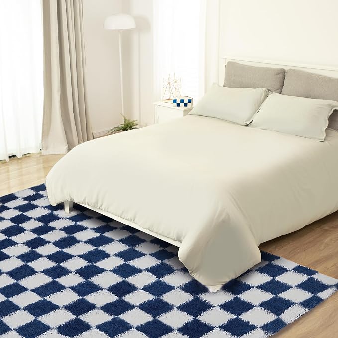 Super Soft Rug for Bedroom, 8x10 ft Blue and White Area Rug Classic Checkered - Image 7