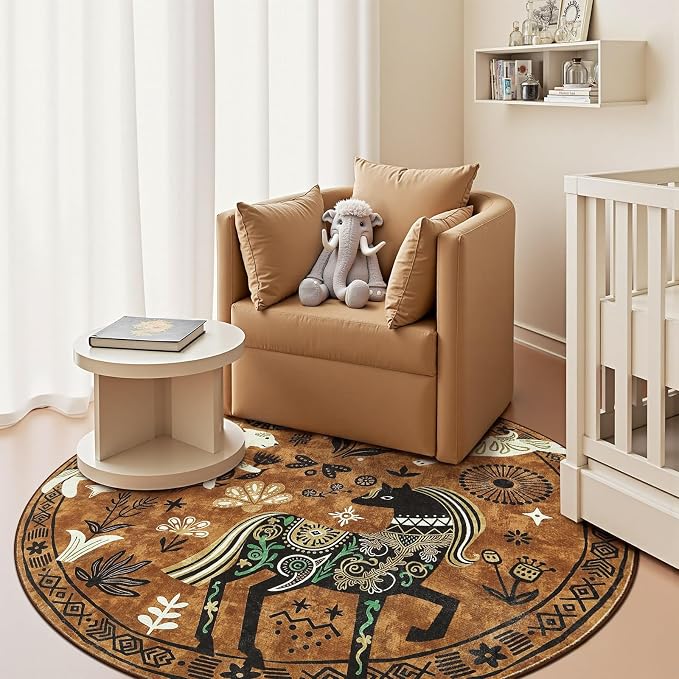jinchan 5R Cute Round Rug Kids Washable Fun Rug Earthy Brown Starlit Boho - Image 3