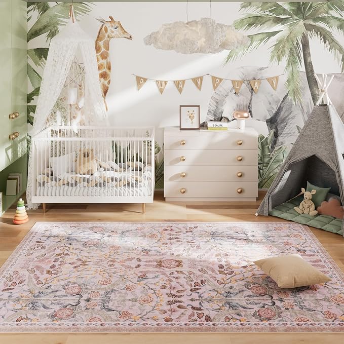 AMTOVO 5x7 Washable Area Rugs for Living Room, Vintage Boho Floral Distressed - Image 4