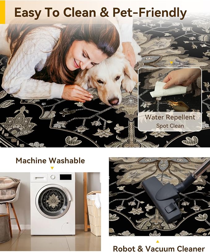 RELEANY Area Rugs Round 7ft Washable Non-Slip, Floral Vintage Distress - Image 4