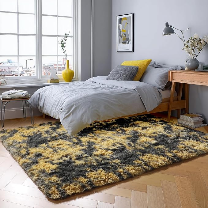 PAGISOFE 4x6 Black and Yellow Bedroom Rugs, Fluffy Modern Living Room Area Rug - Image 2