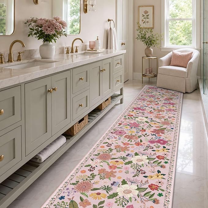Latte&Fog Pink Hallway Runner Rug 2x10, Non Slip Washable Floral Runner Rugs - Image 4