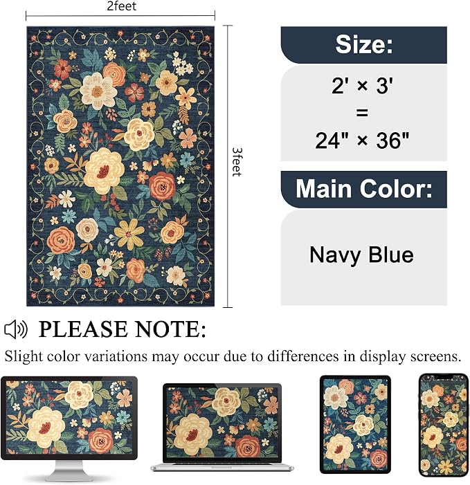 DUKINO 2x3 Rugs for Entryway, Floral Indoor Washable Door Mat, Non Slip Boho - Image 2
