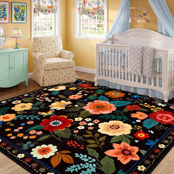 RELEANY Floral Square 8ft Area Rugs Washable Print Boho Cute Carpet Non Slip - Image 8