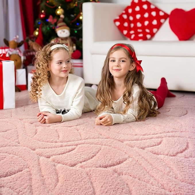 3x5 Pink Washable Area Rug for Girls Bedroom, Leaf Geometric Patter Shag - Image 3