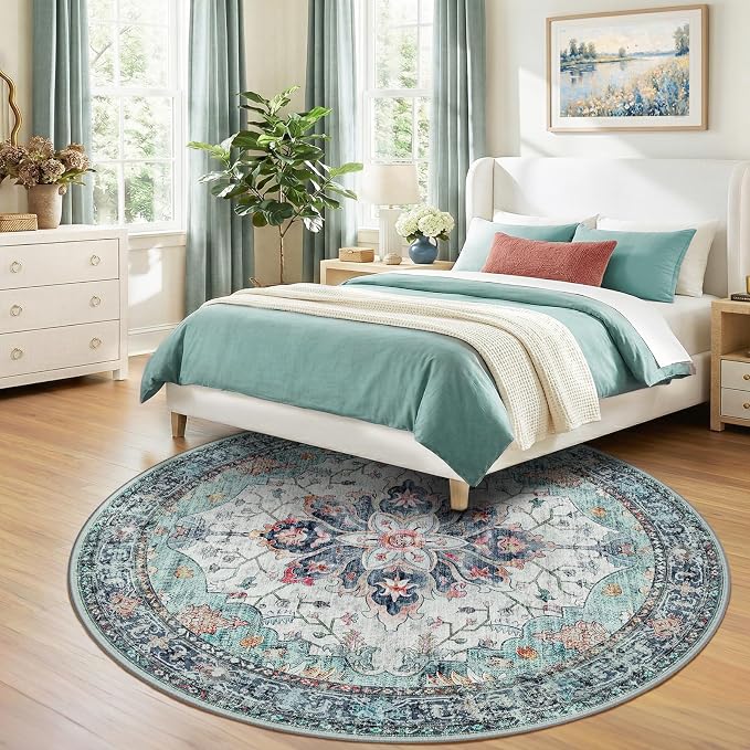 RELEANY Area Rugs Round 8ft Washable Non-Slip, Floral Vintage Distress - Image 3