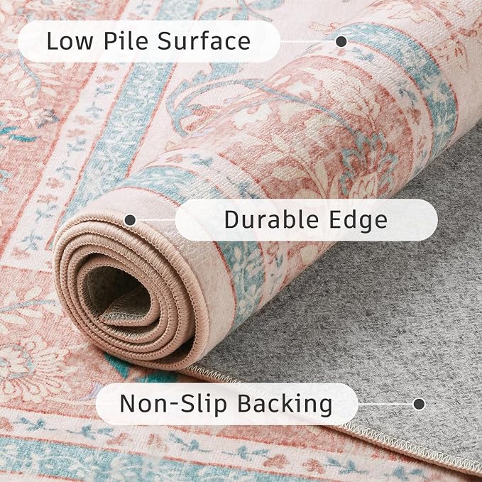 DCX 4x6 Pink Vintage Floral Rug, Machine Washable Non Slip Low Pile Carpet - Image 6