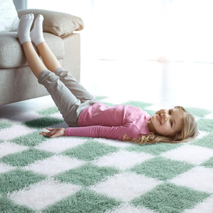 KICMOR Fluffy Sage Green and White Rugs Living Room Carpet, 5x7 Large Fuzzy - Image 9
