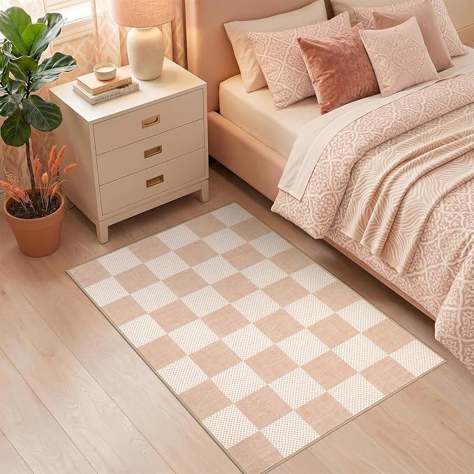 GarveeHome Checkered Blush Beige Neutral Small 2x3 Washable Rug Door Mat - Image 2