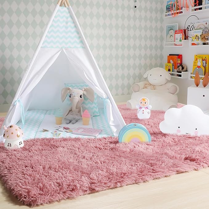 Amdrebio Blush Pink Area Rugs for Girls Bedroom, Furry Fluffy Cute Small Rug - Image 7