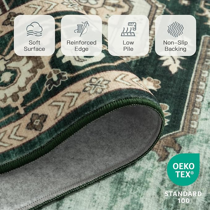 Lofus 8x10 Emerald Green Washable Rugs Non-Slip, Vintage Floral Area Rug - Image 6