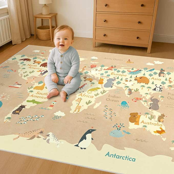 Kids Bedroom Rug with World Map & Animals – 4x6 Educational Washable Play Mat - Image 6