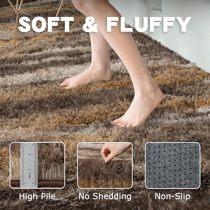 Fluffy Rugs for Living Room, 6x9 Ft Abstract Brown Shag Area Rug, Soft Large - Image 5