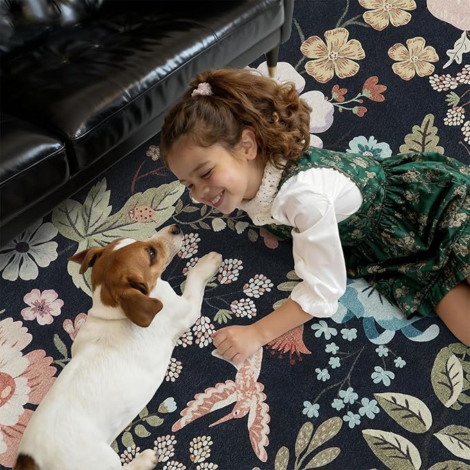 DCX Black Floral Rug 3x5, Washable Black Rug - Image 3