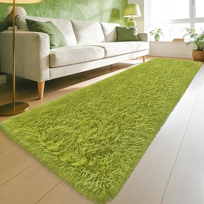 Soft Grass Green Fluffy Rug for Bedroom Living Room, 2x8 ft Fuzzy Green Shag by TENNOLA