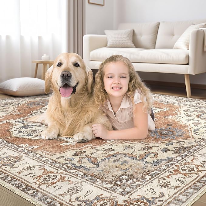 6x9 Washable Area Rug: Vintage Neutral Soft Non Slip Thin Large Floor Carpet - Image 6