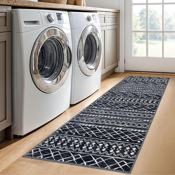 KUTA Moroccan Washable Hallway Runner Rug, 2x6 Non-Slip Vintage Black Boho Rugs - Image 3
