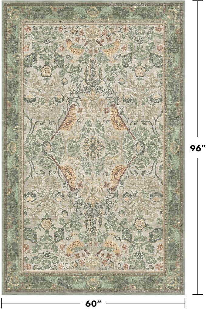 Hazo Haus 5x8 Vintage Sage Green Area Rug, Washable Botanical Bird Pattern Rug - Image 2
