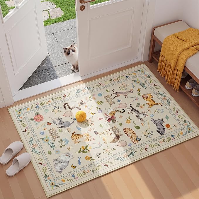 Unirea 2x3 Small Beige Washable Cat Area Rug, Door Mat Indoor Entrance Rug by UNIREA