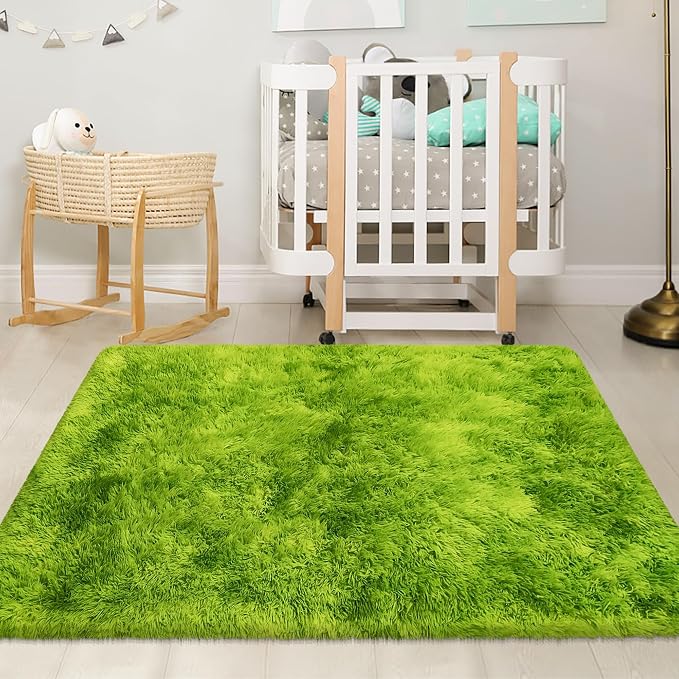 Tie Dyed Grass Green Rug 3x5 ft, Soft Plush Furry Shag Area Rugs Fluffy Fuzzy - Image 8