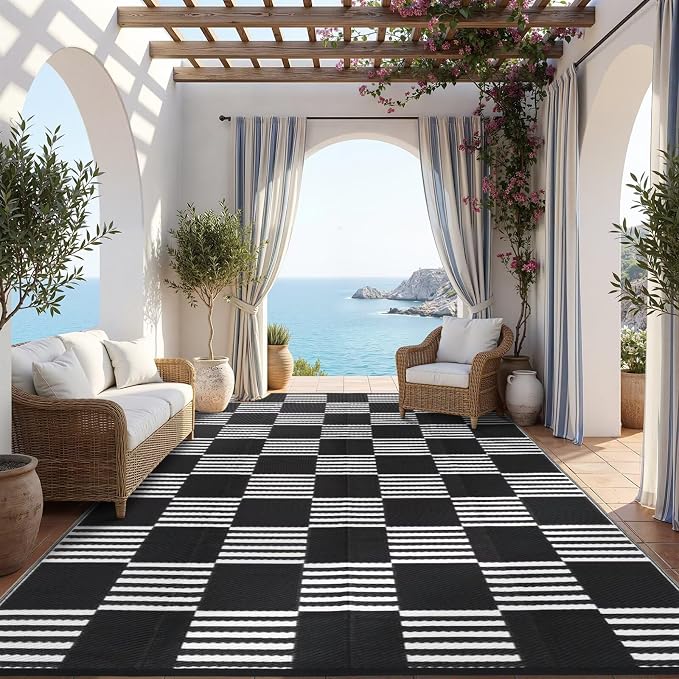 Garvee Waterproof Outdoor Rug 9x12, Checkered Foldable Plastic Straw Patio - Image 6