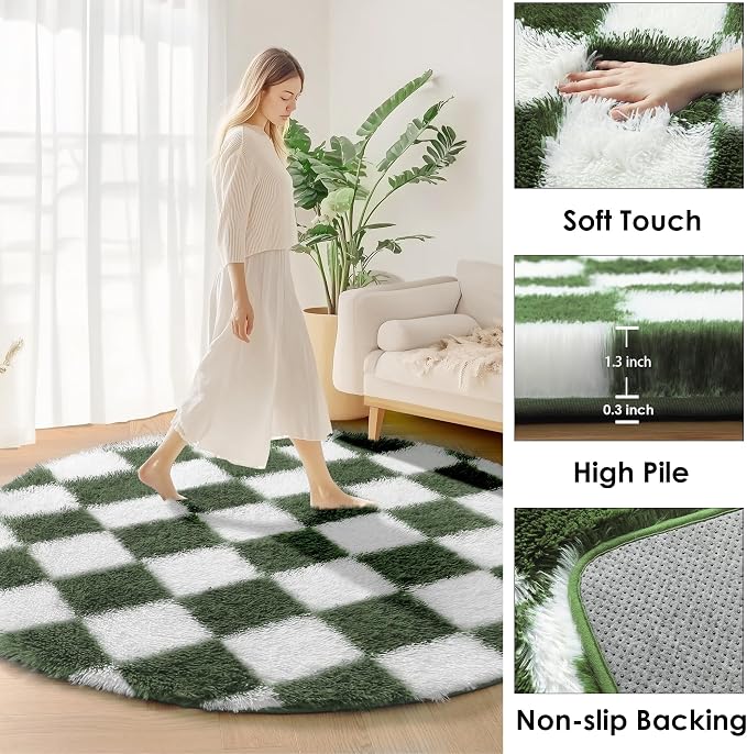 KICMOR Round Rugs 5ft Olive Green and White Circle Area Rug, Fluffy Soft Fuzzy - Image 2