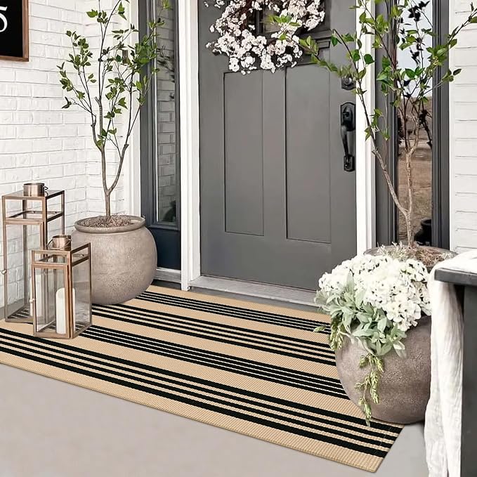 Striped Outdoor Front Door Mat 24"x51", Cotton Hand Woven Washable Black and by Sungea
