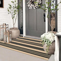Striped Outdoor Front Door Mat 24"x51", Cotton Hand Woven Washable Black and by Sungea