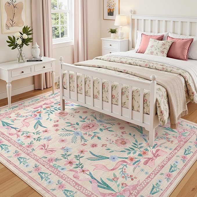 Pink Floral Bow Rug 6x9 for Living Room, Washable Non Slip Area Rug, Soft Boho - Image 3