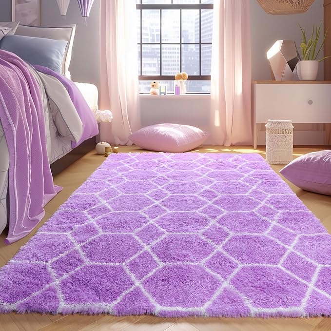 ONASAR Area Rugs for Bedroom Living Room, 4x6 Fluffy Purple and White Throw Rug by ONASAR