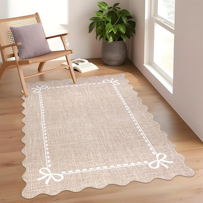 GarveeHome Scalloped Bow Rug for Living Room, Solid Camel Rug for Dorm - Image 2