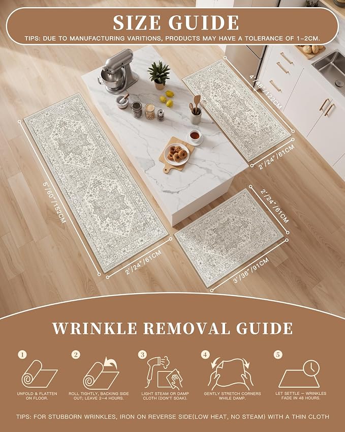 Madane Washable Kitchen Rug Set of 3, Small Area Rug Non-Slip Vintage Entryway - Image 5