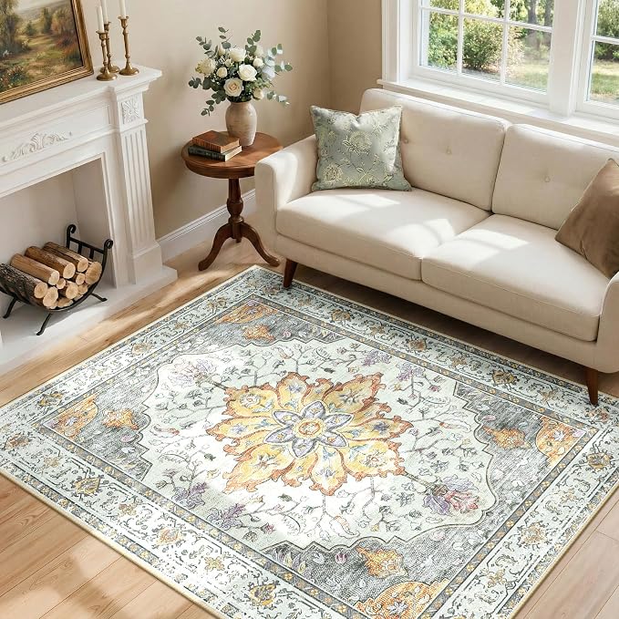 RELEANY Area Rugs 4'x5' Washable Non-Slip, Floral Vintage Distress Medallion by RELEANY