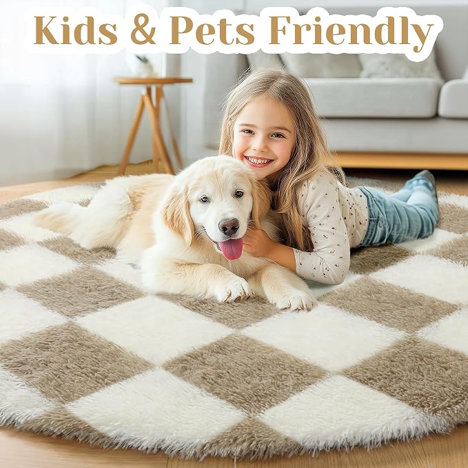 KICMOR Round Rugs for Bedroom, 4ft Fluffy Soft Circle Area Rug Beige and Cream - Image 4