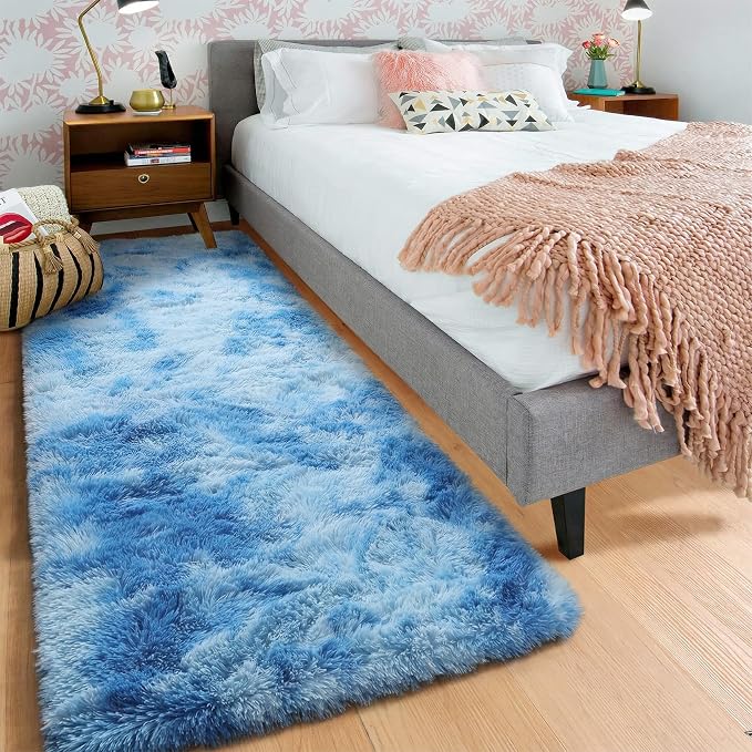 ONASAR Runner Rugs for Bedroom Living Room, Fluffy Tie-Dyed Blue 2x6 Bedside - Image 9