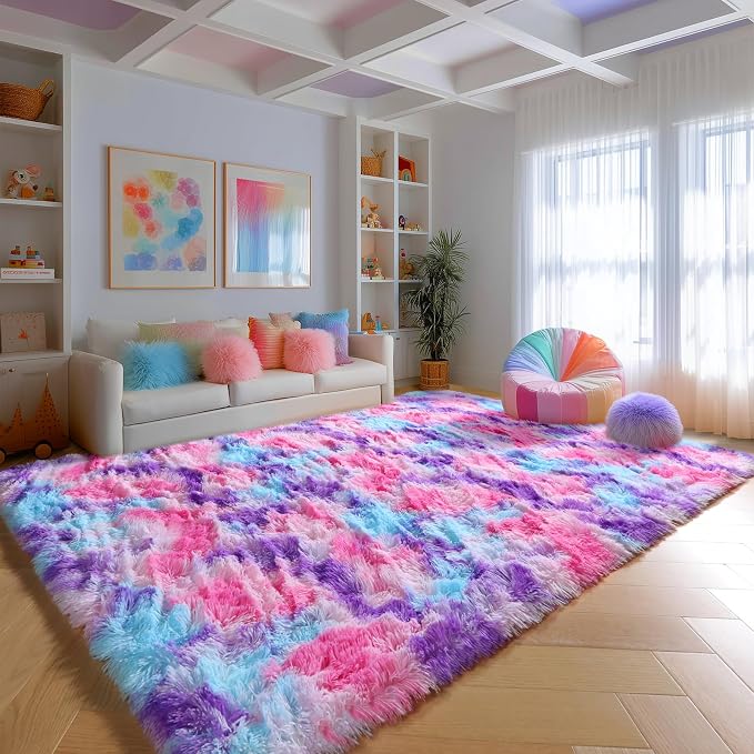 PAGISOFE Rainbow Purple Rugs for Girls Bedoom 5x8 Ft, Fluffy Cute Colorful by PAGISOFE