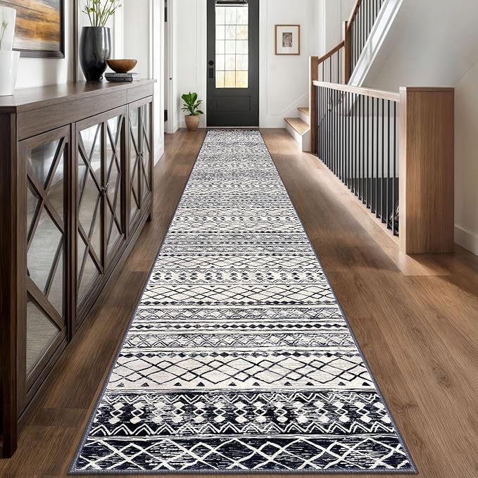 KUTA Moroccan Washable Runner Rug 2.6x18 Non-Slip Vintage Black Navy Blue Boho by KUTA