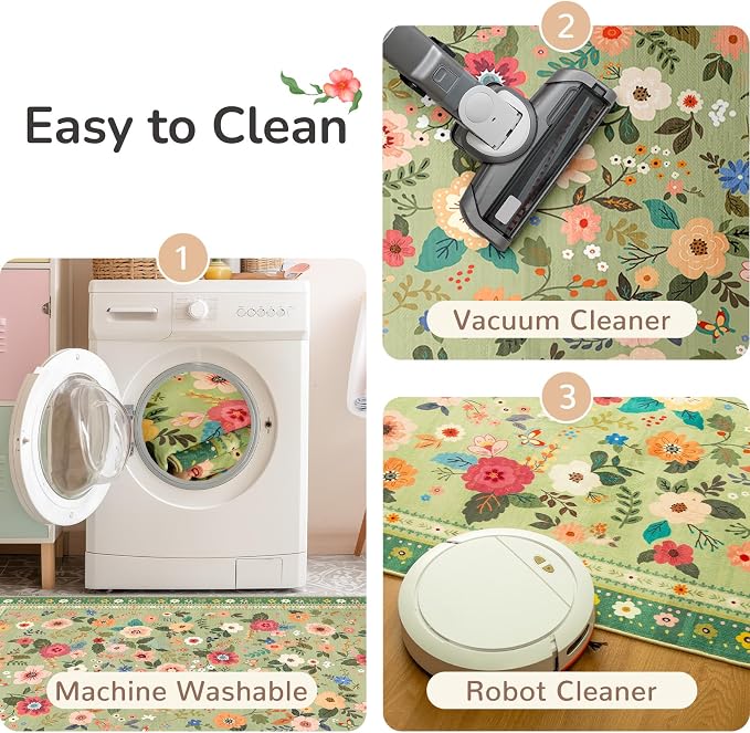2x3 Area Rugs, Washable Floral Rug, Low Pile Non-Slip Carpet, Flower Rug - Image 3