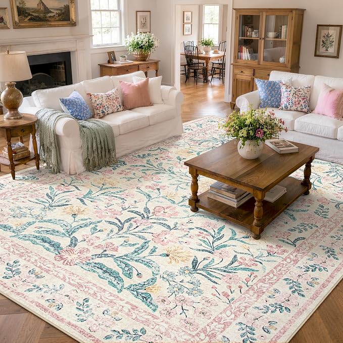 Wonnitar Floral Large Rugs for Living Room, Soft Light Pink Rug Washable 9x12 - Image 3