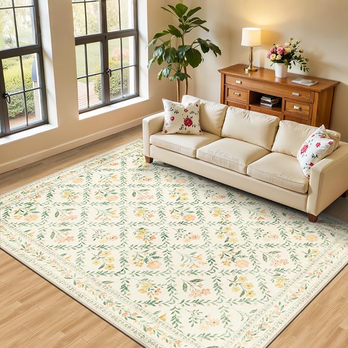 Area Rug Living Room Rugs: Floral 4x6 Washable Rug Vintage Soft Boho Non-Slip by PLHXFRSoftAreaRugs