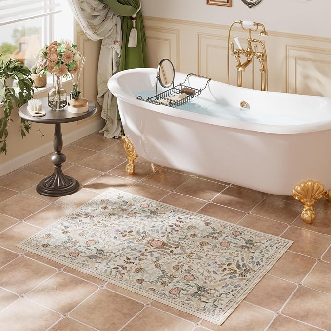 AMTOVO 2x3 Washable Entryway Area Rug Door Mat, Vintage Boho Floral Distressed - Image 3